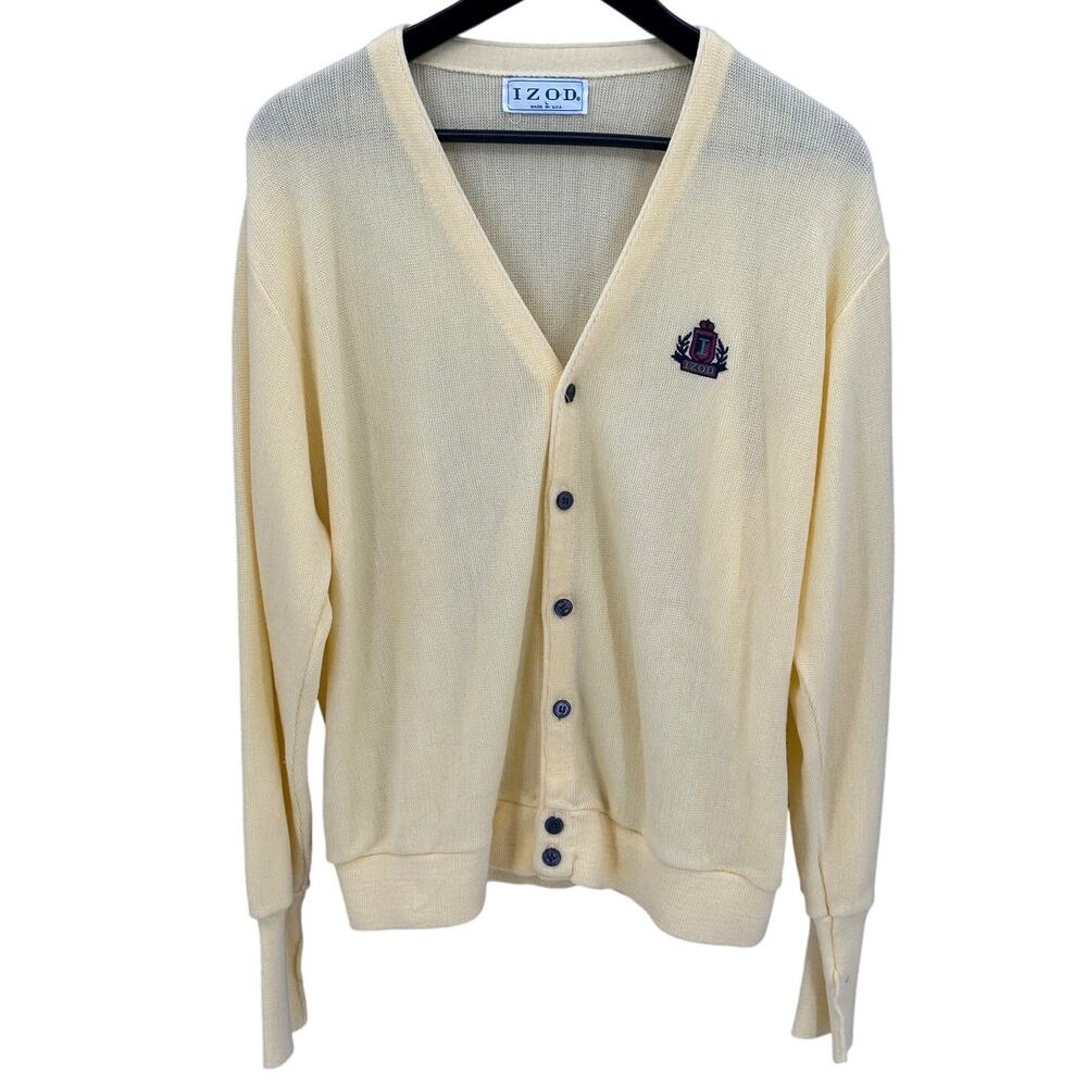 Izod Sweater Men Large Yellow Cardigan V-Neck Knit Crest Preppy Grandpa Academia